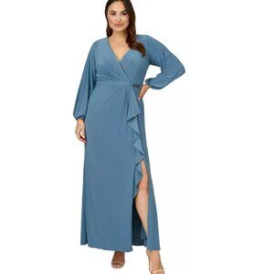 Adrianna Papell Blue Faux Wrap Maxi Gown Size 14W in the Color BlueJay New NWT